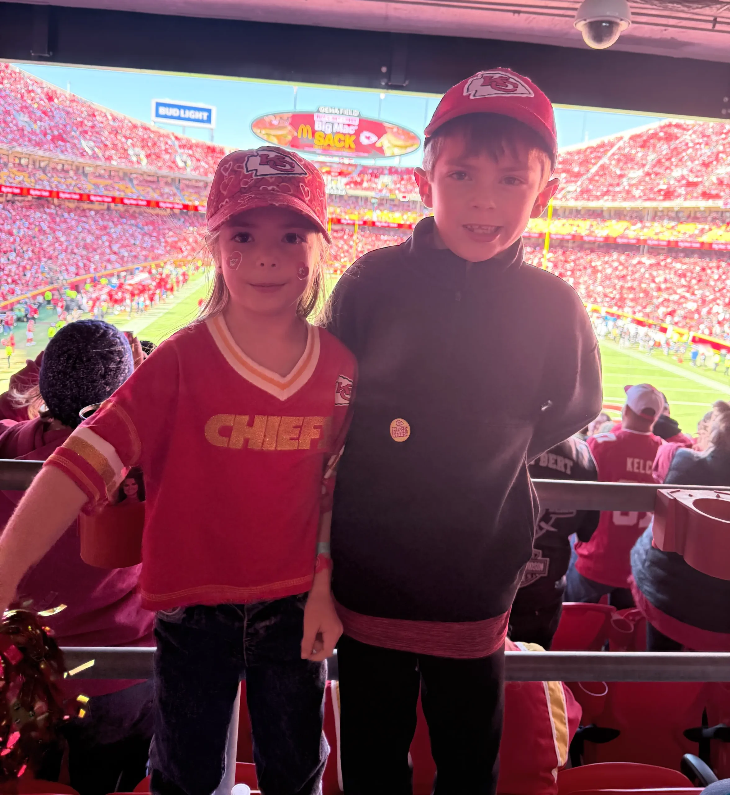 Ryker and Aviva cheering on the Chiefs after Ryker’s week long reading program in Kansas